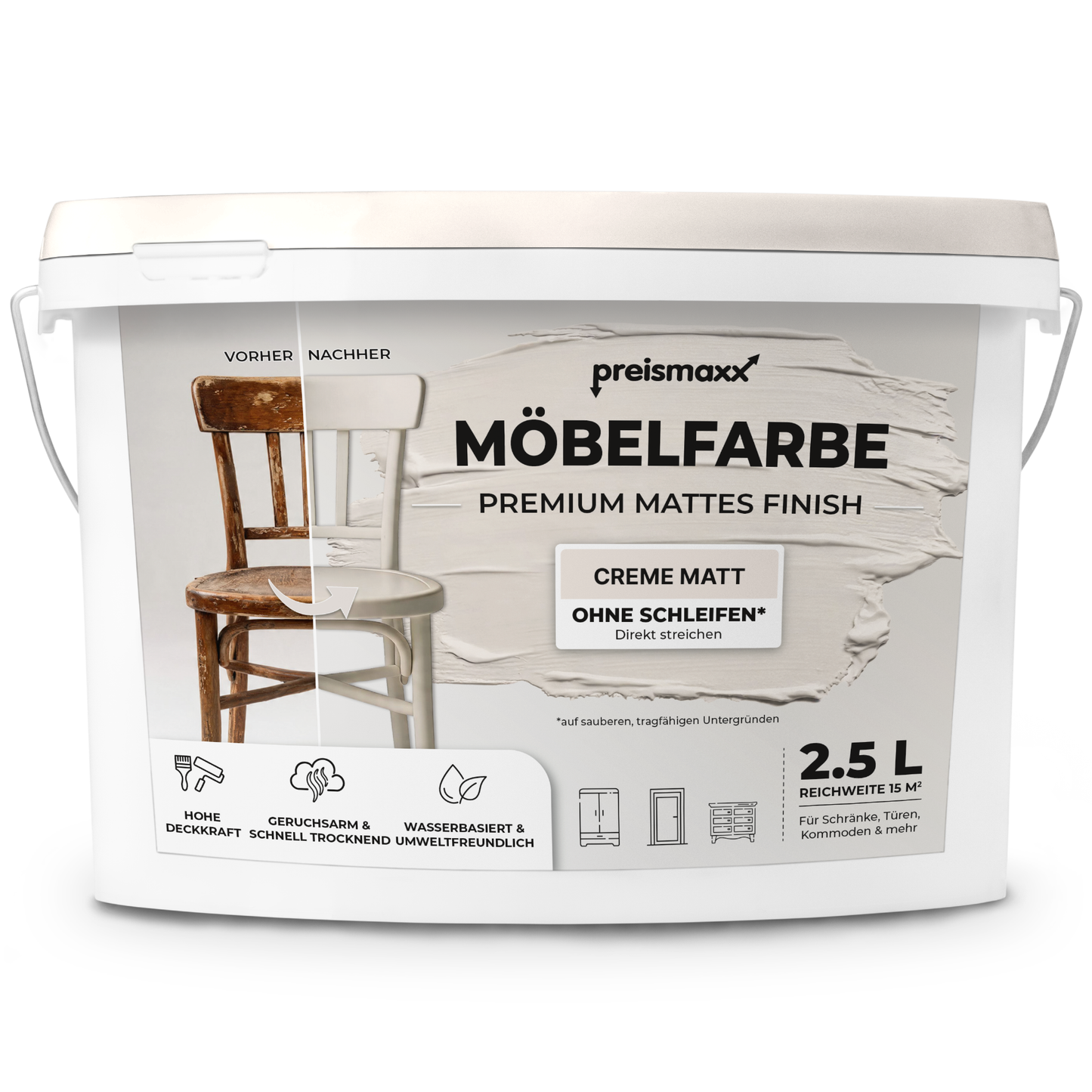 Preismaxx Möbelfarbe Creme 2,5 L – Holzfarbe für Innen – Ohne Schleifen, Hochdeckend & Wasserbasiert – Für Möbel, Türen & Küchen – Umweltfreundlich & Geruchsarm