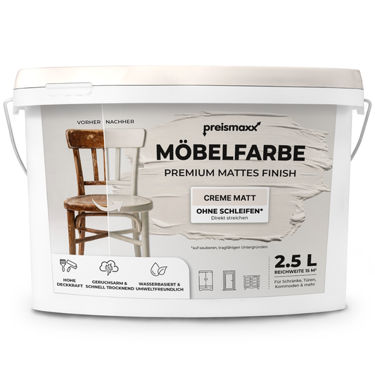 Preismaxx Möbelfarbe Creme 2,5 L – Holzfarbe für Innen – Ohne Schleifen, Hochdeckend & Wasserbasiert – Für Möbel, Türen & Küchen – Umweltfreundlich & Geruchsarm