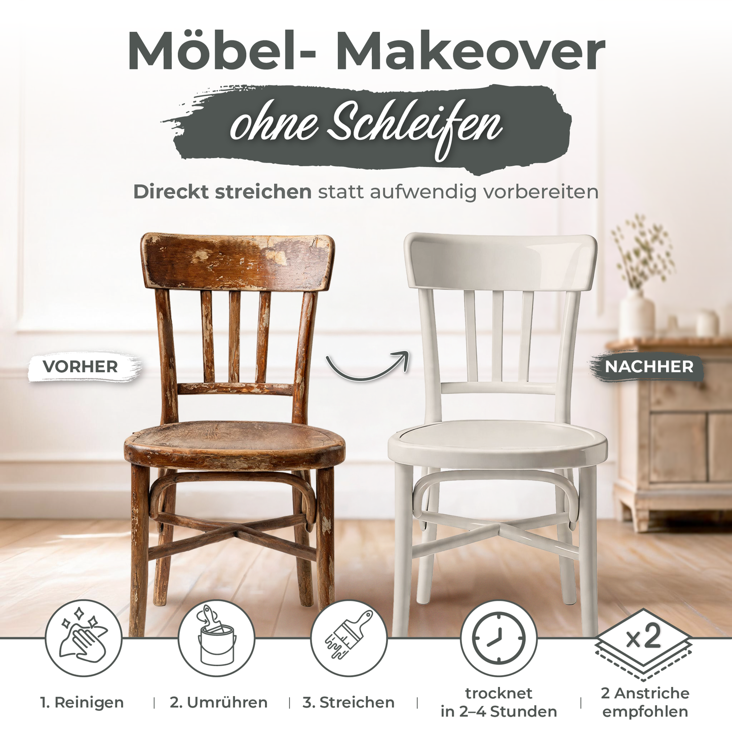 Preismaxx Möbelfarbe Creme 2,5 L – Holzfarbe für Innen – Ohne Schleifen, Hochdeckend & Wasserbasiert – Für Möbel, Türen & Küchen – Umweltfreundlich & Geruchsarm