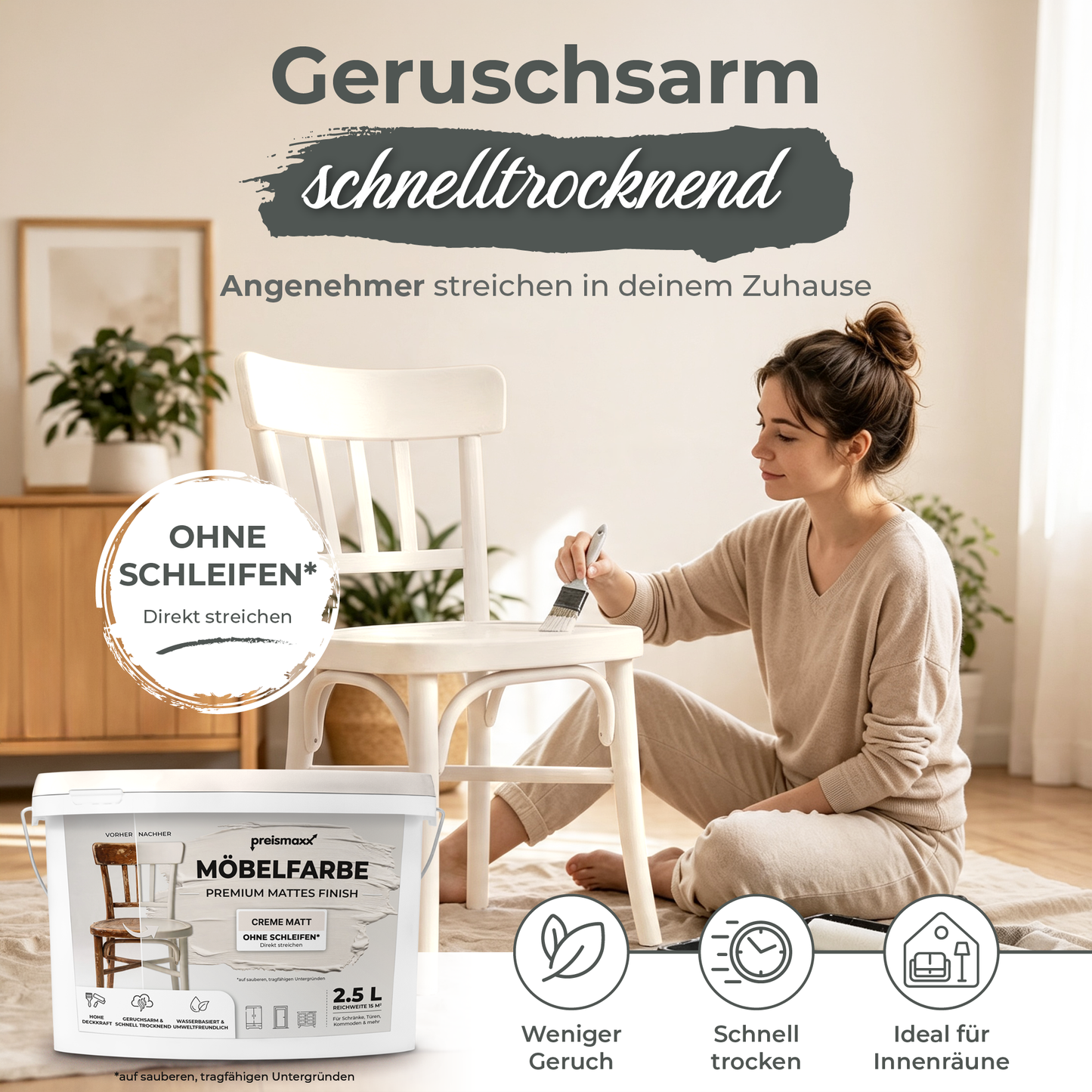 Preismaxx Möbelfarbe Creme 2,5 L – Holzfarbe für Innen – Ohne Schleifen, Hochdeckend & Wasserbasiert – Für Möbel, Türen & Küchen – Umweltfreundlich & Geruchsarm
