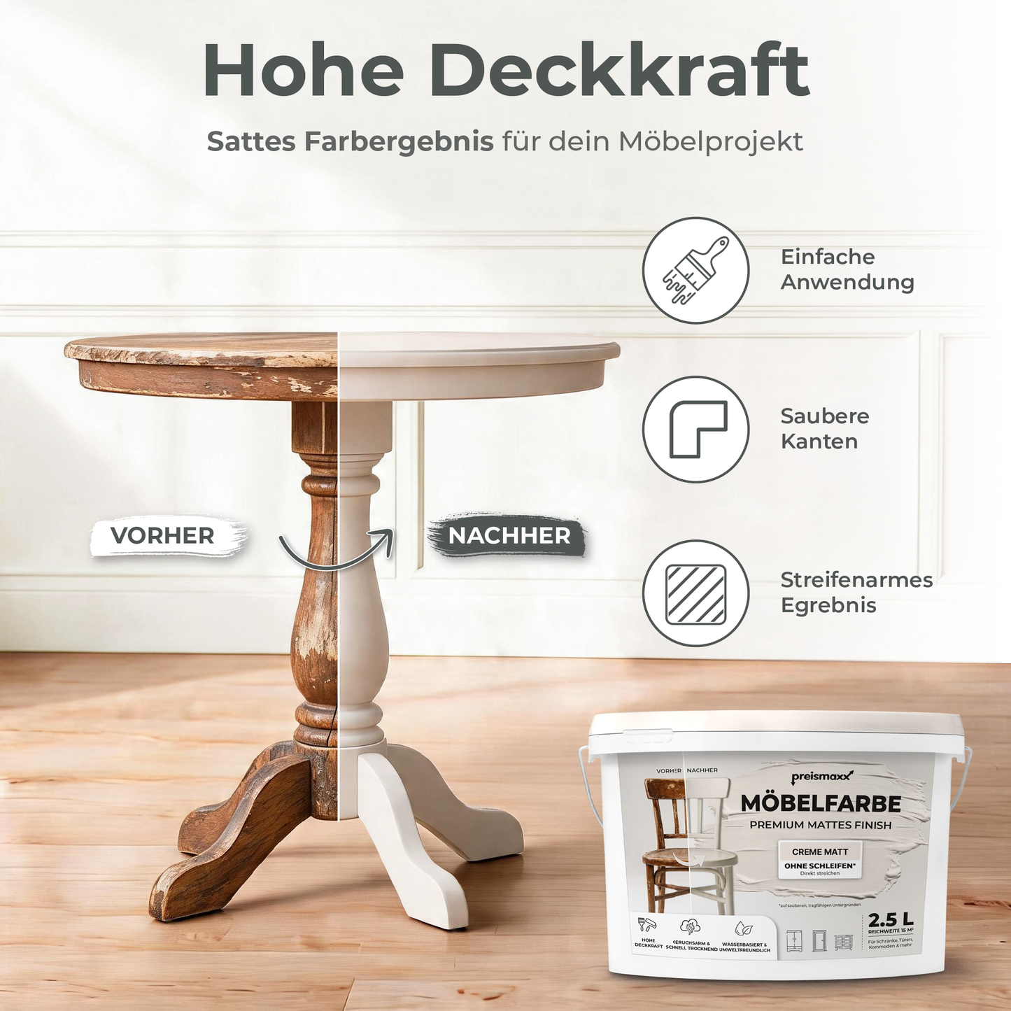 Preismaxx Möbelfarbe Creme 2,5 L – Holzfarbe für Innen – Ohne Schleifen, Hochdeckend & Wasserbasiert – Für Möbel, Türen & Küchen – Umweltfreundlich & Geruchsarm