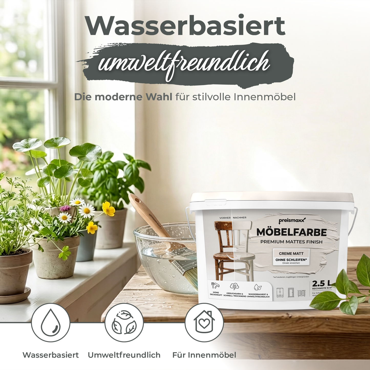 Preismaxx Möbelfarbe Creme 2,5 L – Holzfarbe für Innen – Ohne Schleifen, Hochdeckend & Wasserbasiert – Für Möbel, Türen & Küchen – Umweltfreundlich & Geruchsarm