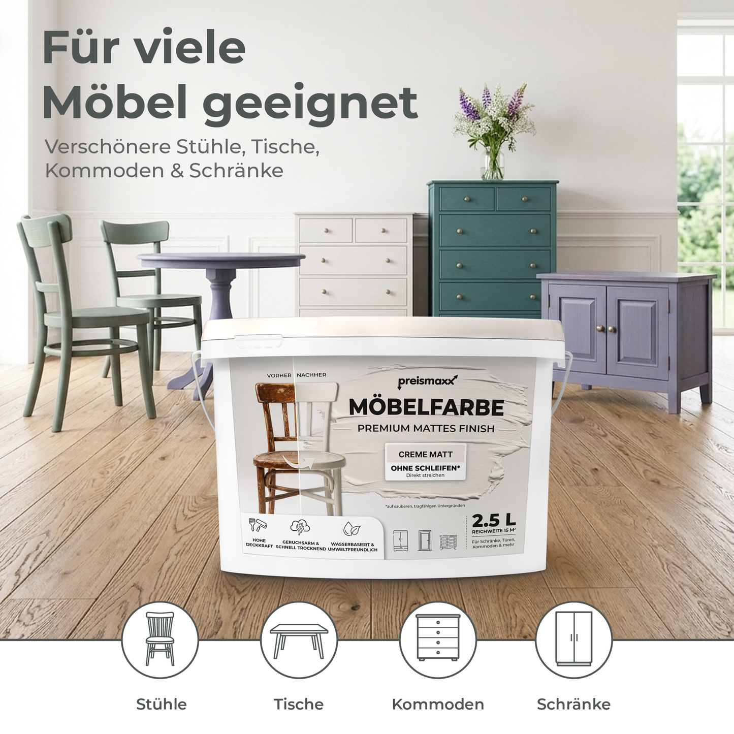 Preismaxx Möbelfarbe Creme 2,5 L – Holzfarbe für Innen – Ohne Schleifen, Hochdeckend & Wasserbasiert – Für Möbel, Türen & Küchen – Umweltfreundlich & Geruchsarm