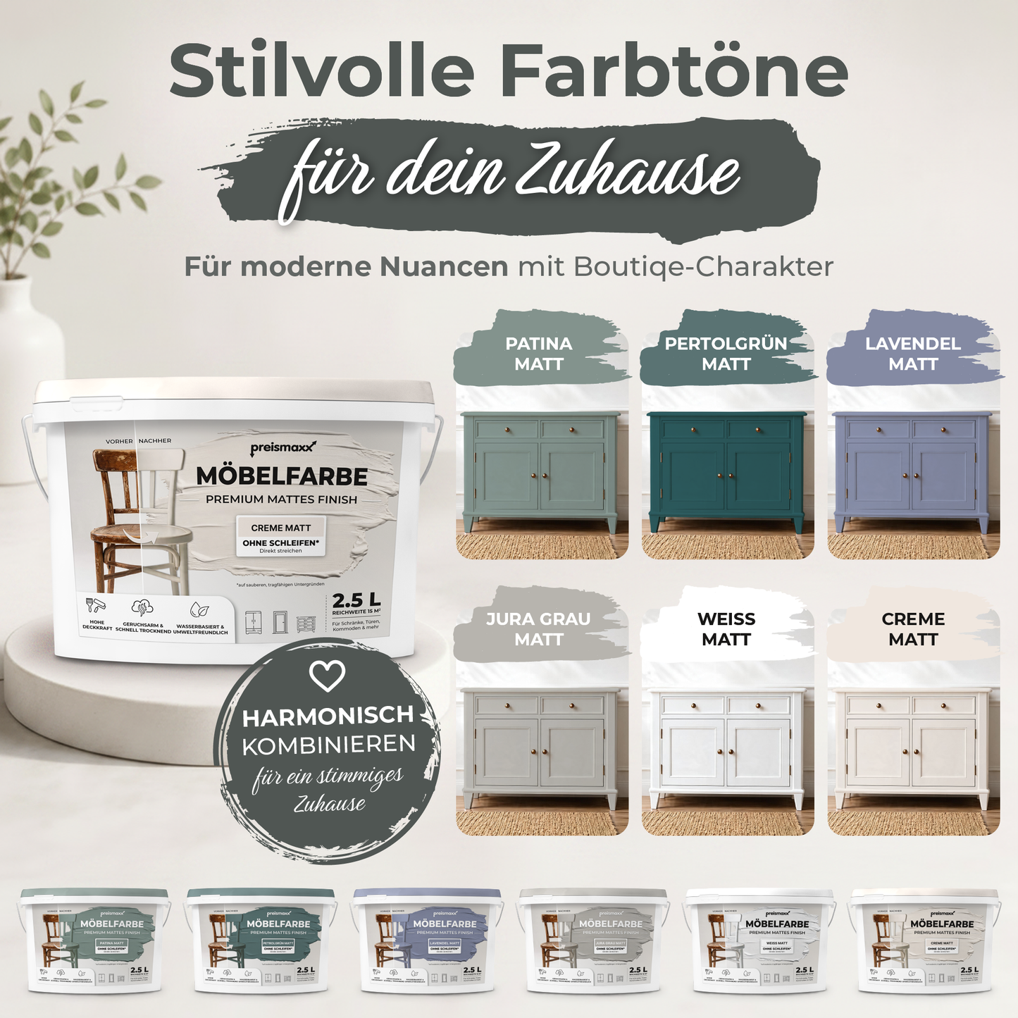 Preismaxx Möbelfarbe Creme 2,5 L – Holzfarbe für Innen – Ohne Schleifen, Hochdeckend & Wasserbasiert – Für Möbel, Türen & Küchen – Umweltfreundlich & Geruchsarm
