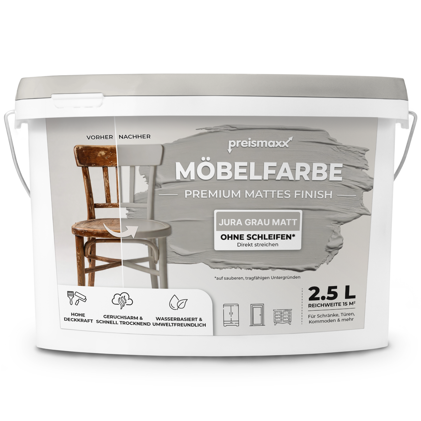 Preismaxx Möbelfarbe Jura Grau 2,5 L – Holzfarbe für Innen – Ohne Schleifen, Hochdeckend & Wasserbasiert – Für Möbel, Türen & Küchen – Umweltfreundlich & Geruchsarm
