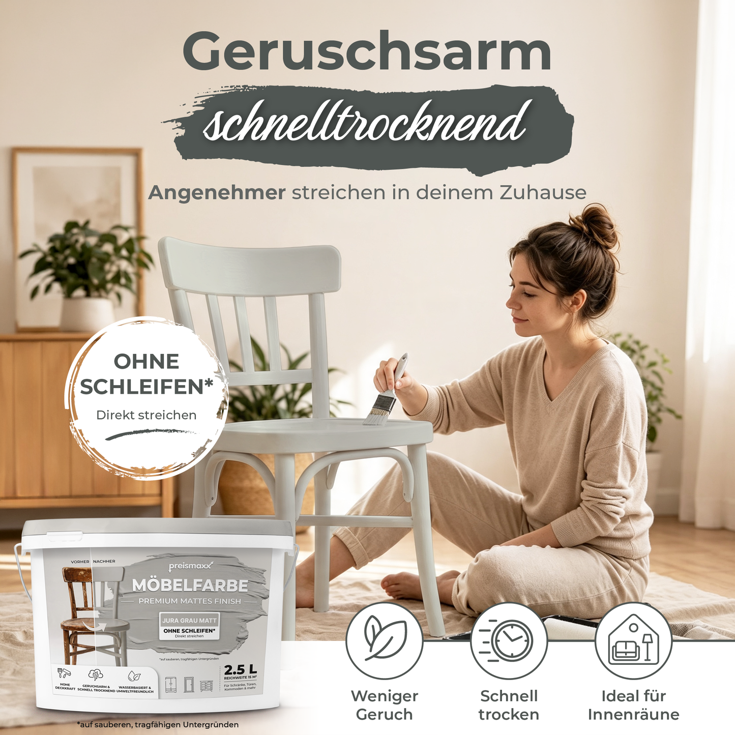 Preismaxx Möbelfarbe Jura Grau 2,5 L – Holzfarbe für Innen – Ohne Schleifen, Hochdeckend & Wasserbasiert – Für Möbel, Türen & Küchen – Umweltfreundlich & Geruchsarm