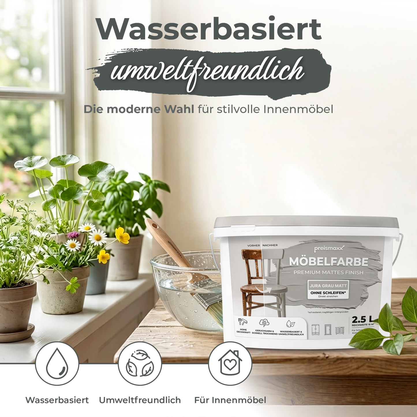 Preismaxx Möbelfarbe Jura Grau 2,5 L – Holzfarbe für Innen – Ohne Schleifen, Hochdeckend & Wasserbasiert – Für Möbel, Türen & Küchen – Umweltfreundlich & Geruchsarm