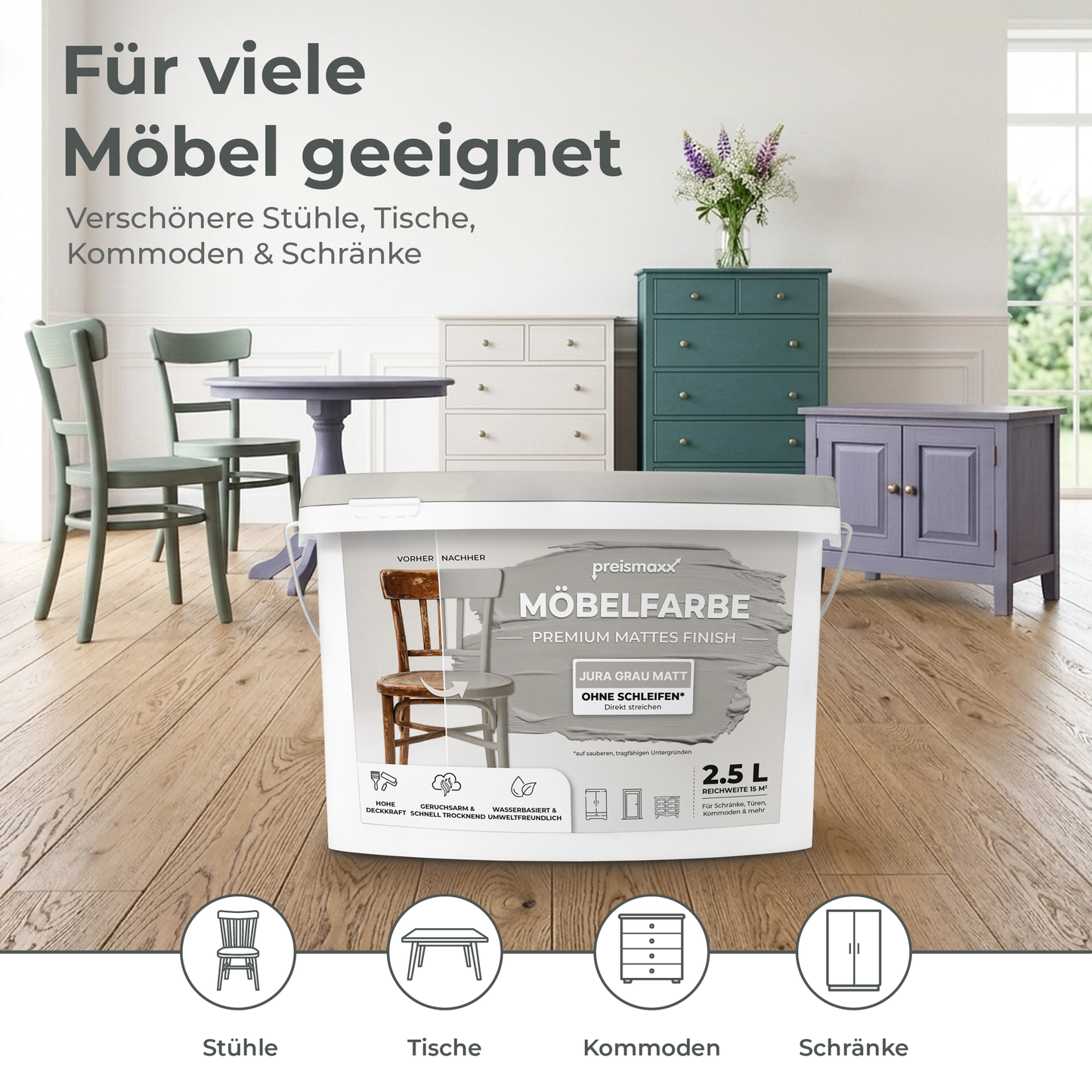Preismaxx Möbelfarbe Jura Grau 2,5 L – Holzfarbe für Innen – Ohne Schleifen, Hochdeckend & Wasserbasiert – Für Möbel, Türen & Küchen – Umweltfreundlich & Geruchsarm