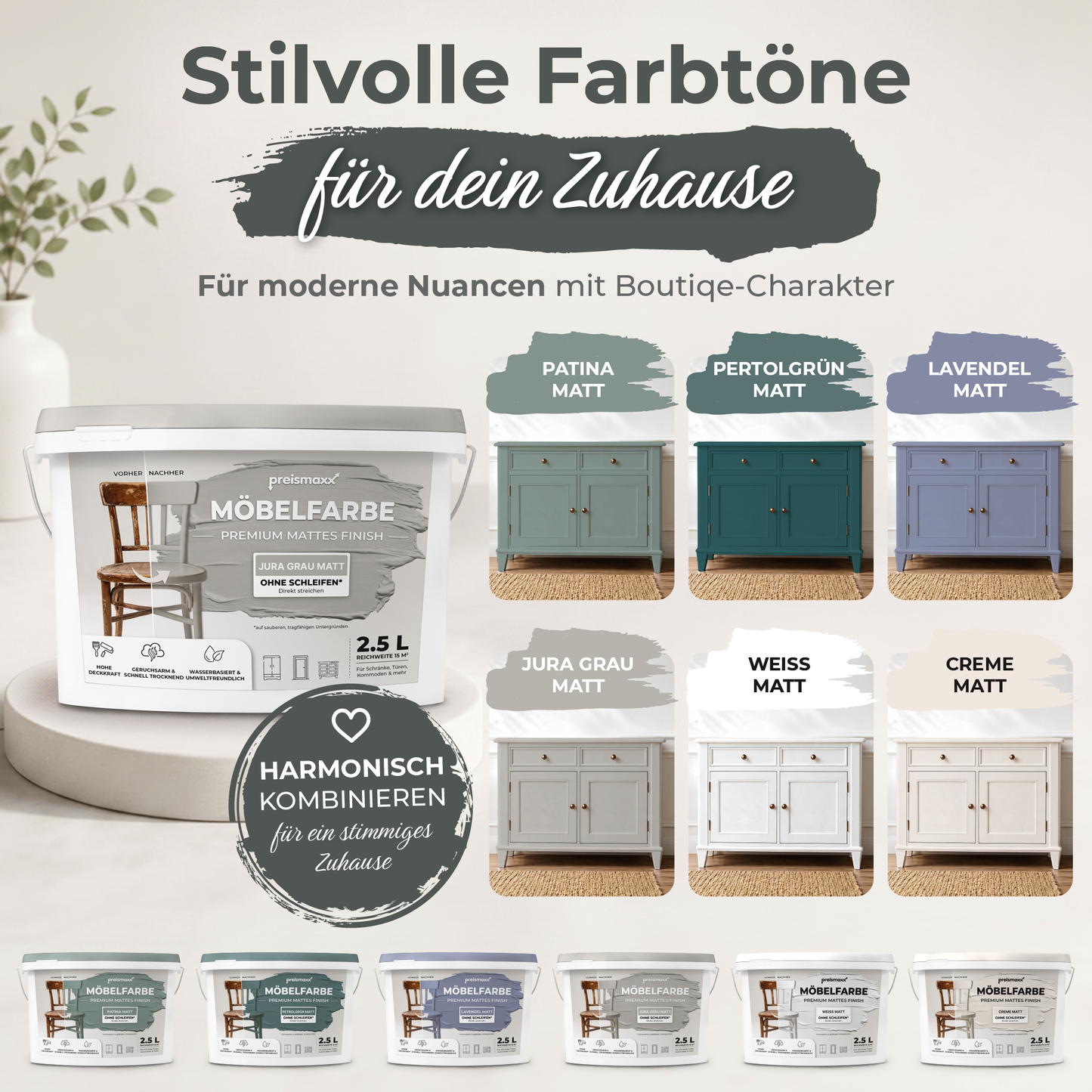 Preismaxx Möbelfarbe Jura Grau 2,5 L – Holzfarbe für Innen – Ohne Schleifen, Hochdeckend & Wasserbasiert – Für Möbel, Türen & Küchen – Umweltfreundlich & Geruchsarm