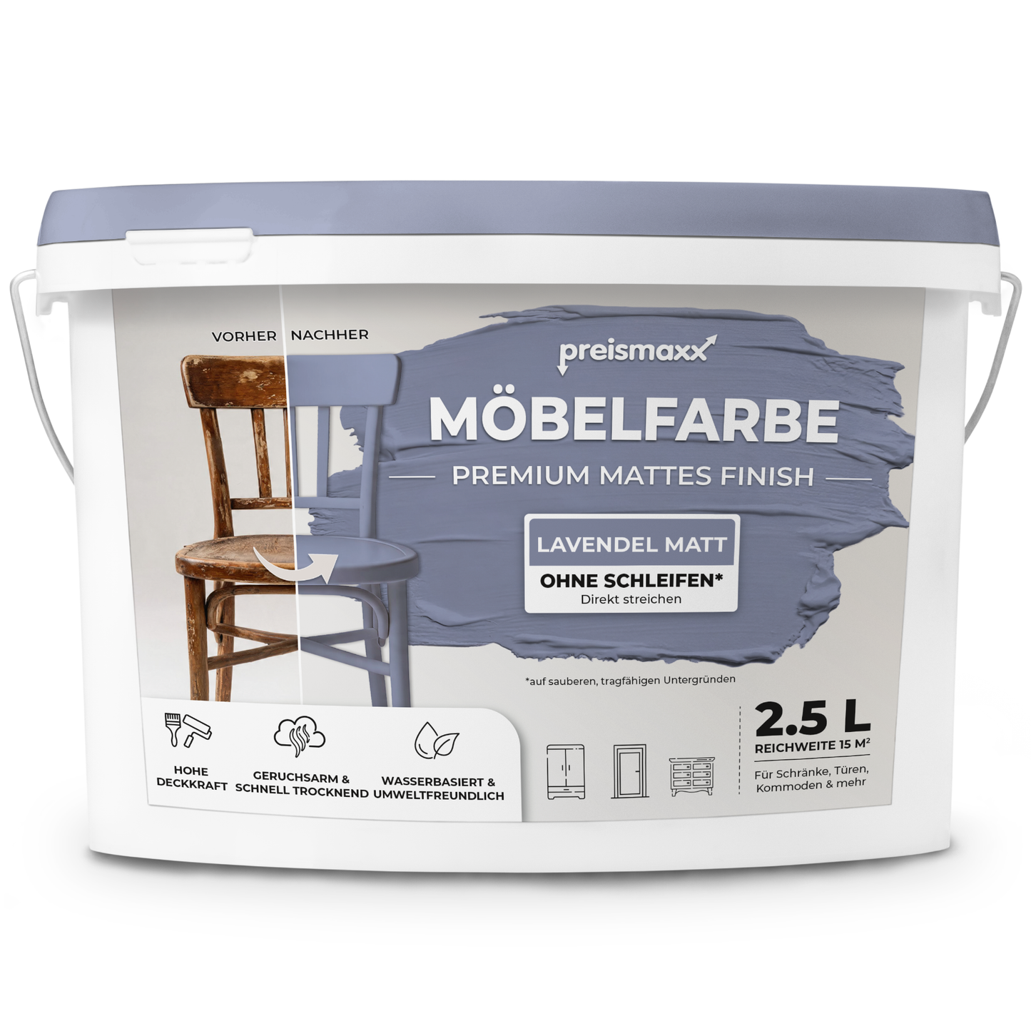 Preismaxx Möbelfarbe Lavendel 2,5 L – Holzfarbe für Innen – Ohne Schleifen, Hochdeckend & Wasserbasiert – Für Möbel, Türen & Küchen – Umweltfreundlich & Geruchsarm