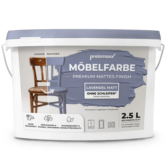 Preismaxx Möbelfarbe Lavendel 2,5 L – Holzfarbe für Innen – Ohne Schleifen, Hochdeckend & Wasserbasiert – Für Möbel, Türen & Küchen – Umweltfreundlich & Geruchsarm