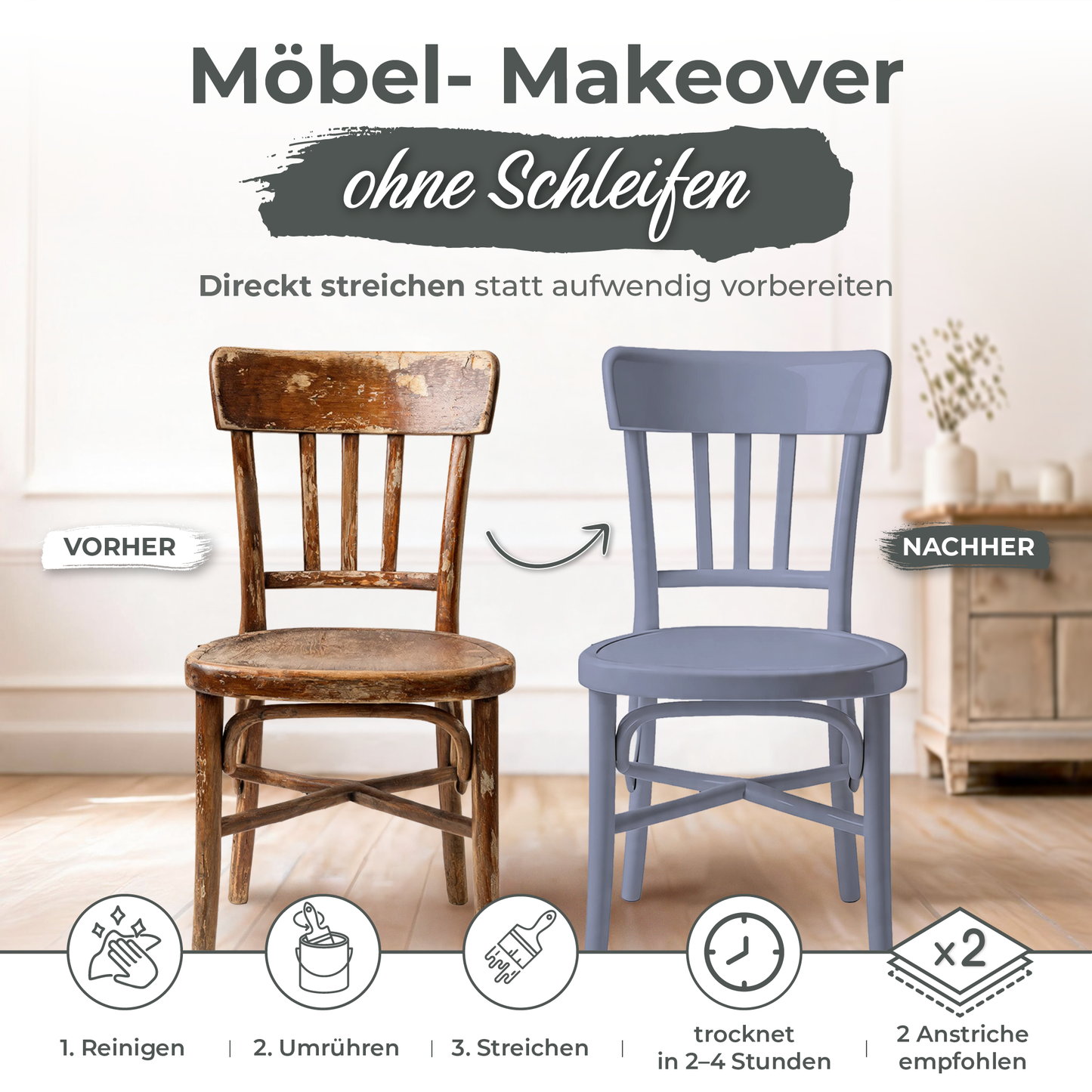 Preismaxx Möbelfarbe Lavendel 2,5 L – Holzfarbe für Innen – Ohne Schleifen, Hochdeckend & Wasserbasiert – Für Möbel, Türen & Küchen – Umweltfreundlich & Geruchsarm