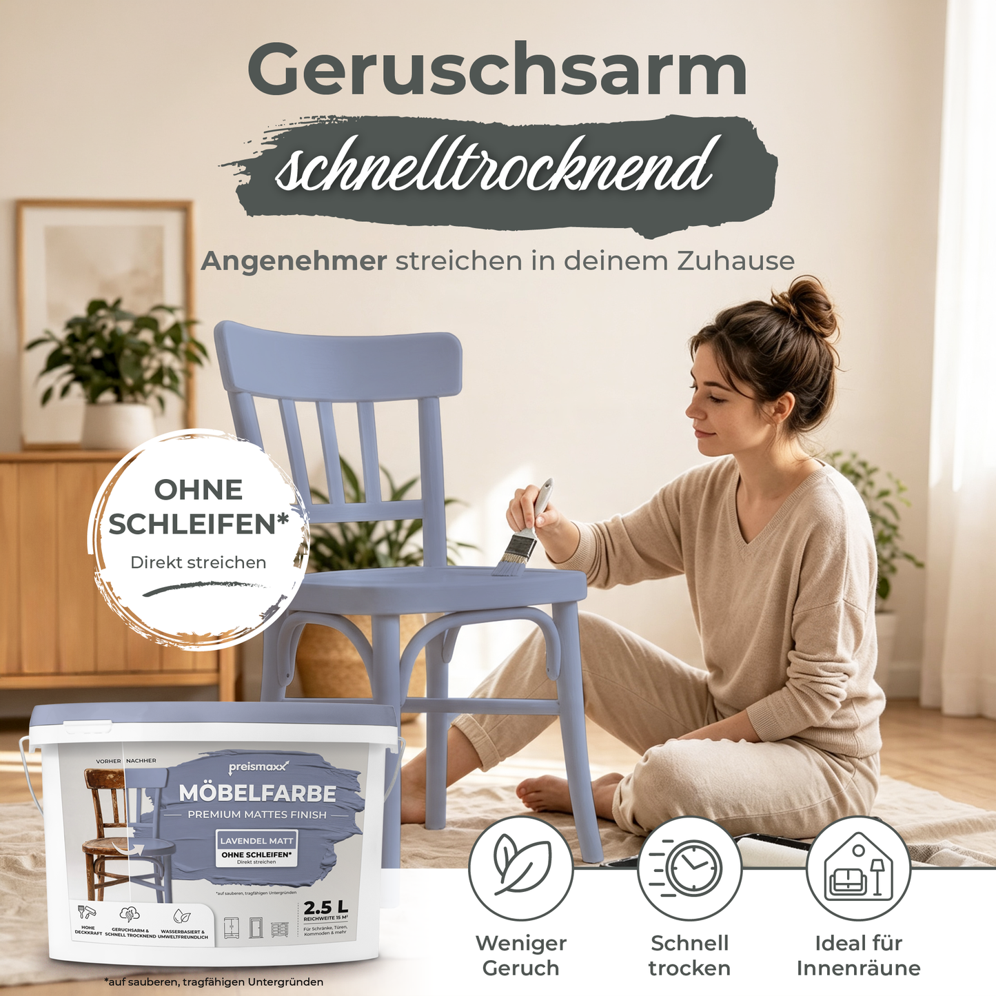 Preismaxx Möbelfarbe Lavendel 2,5 L – Holzfarbe für Innen – Ohne Schleifen, Hochdeckend & Wasserbasiert – Für Möbel, Türen & Küchen – Umweltfreundlich & Geruchsarm