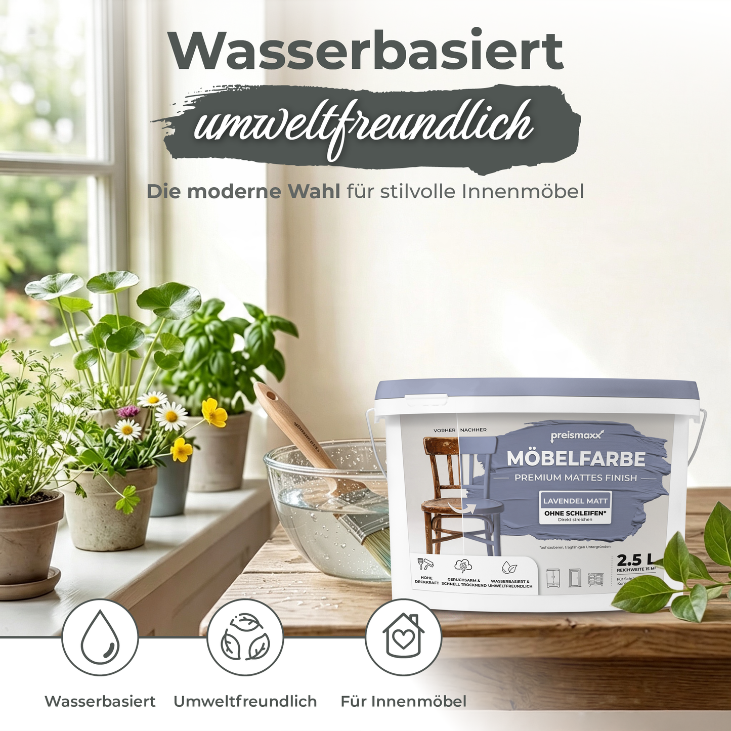 Preismaxx Möbelfarbe Lavendel 2,5 L – Holzfarbe für Innen – Ohne Schleifen, Hochdeckend & Wasserbasiert – Für Möbel, Türen & Küchen – Umweltfreundlich & Geruchsarm