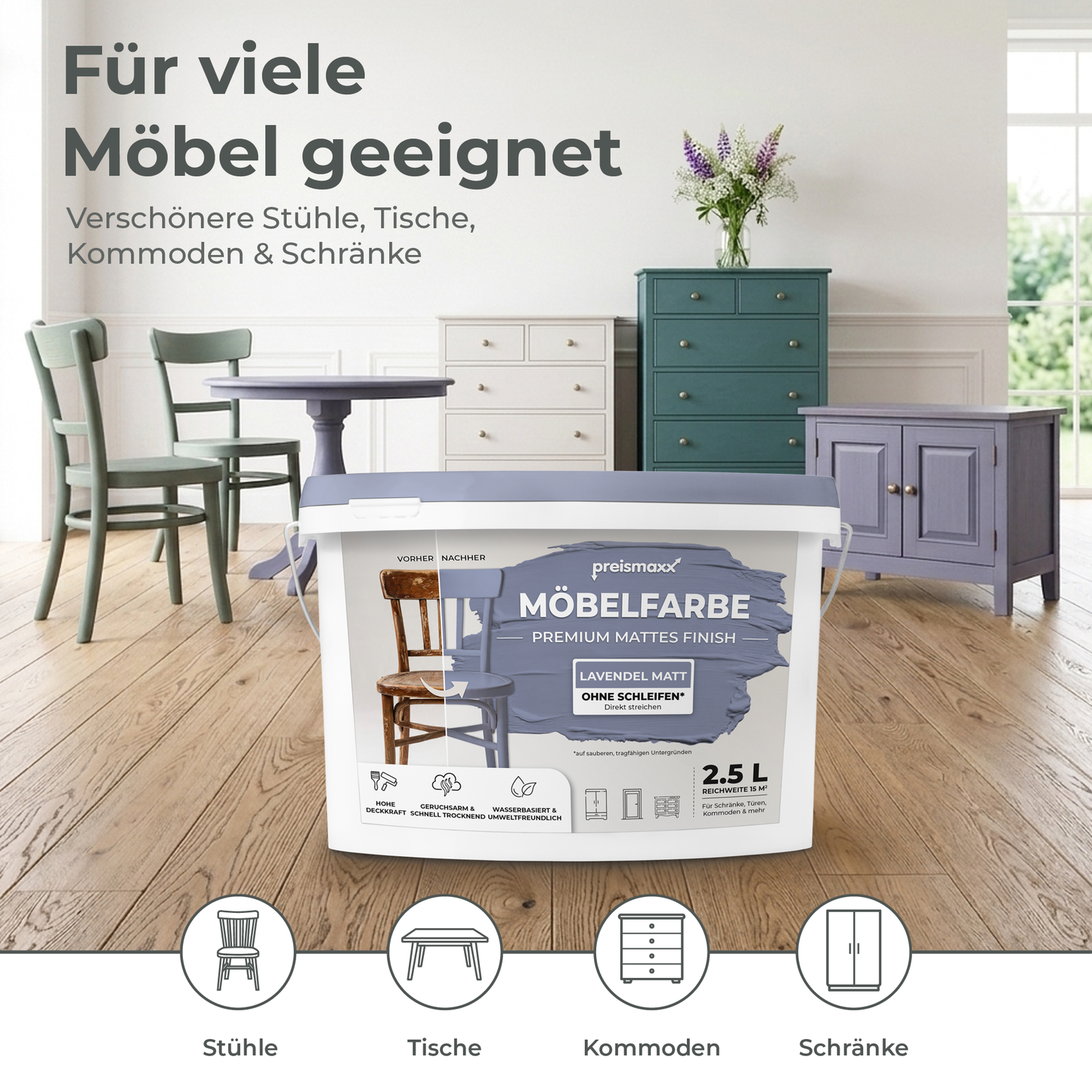 Preismaxx Möbelfarbe Lavendel 2,5 L – Holzfarbe für Innen – Ohne Schleifen, Hochdeckend & Wasserbasiert – Für Möbel, Türen & Küchen – Umweltfreundlich & Geruchsarm