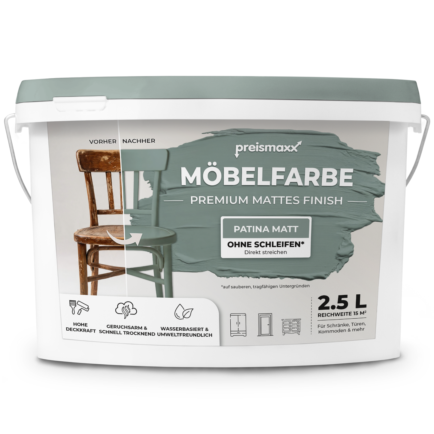 Preismaxx Möbelfarbe Patina 2,5 L – Holzfarbe für Innen – Ohne Schleifen, Hochdeckend & Wasserbasiert – Für Möbel, Türen & Küchen – Umweltfreundlich & Geruchsarm