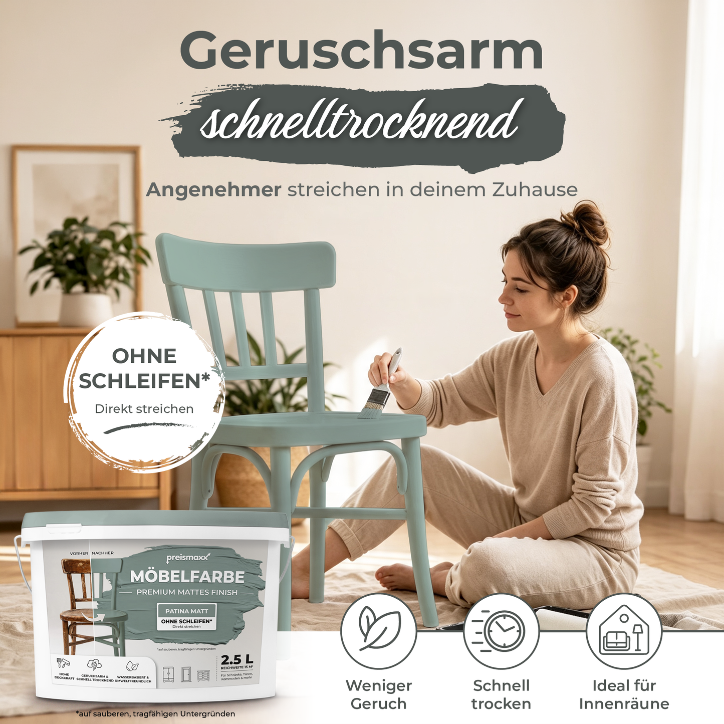 Preismaxx Möbelfarbe Patina 2,5 L – Holzfarbe für Innen – Ohne Schleifen, Hochdeckend & Wasserbasiert – Für Möbel, Türen & Küchen – Umweltfreundlich & Geruchsarm