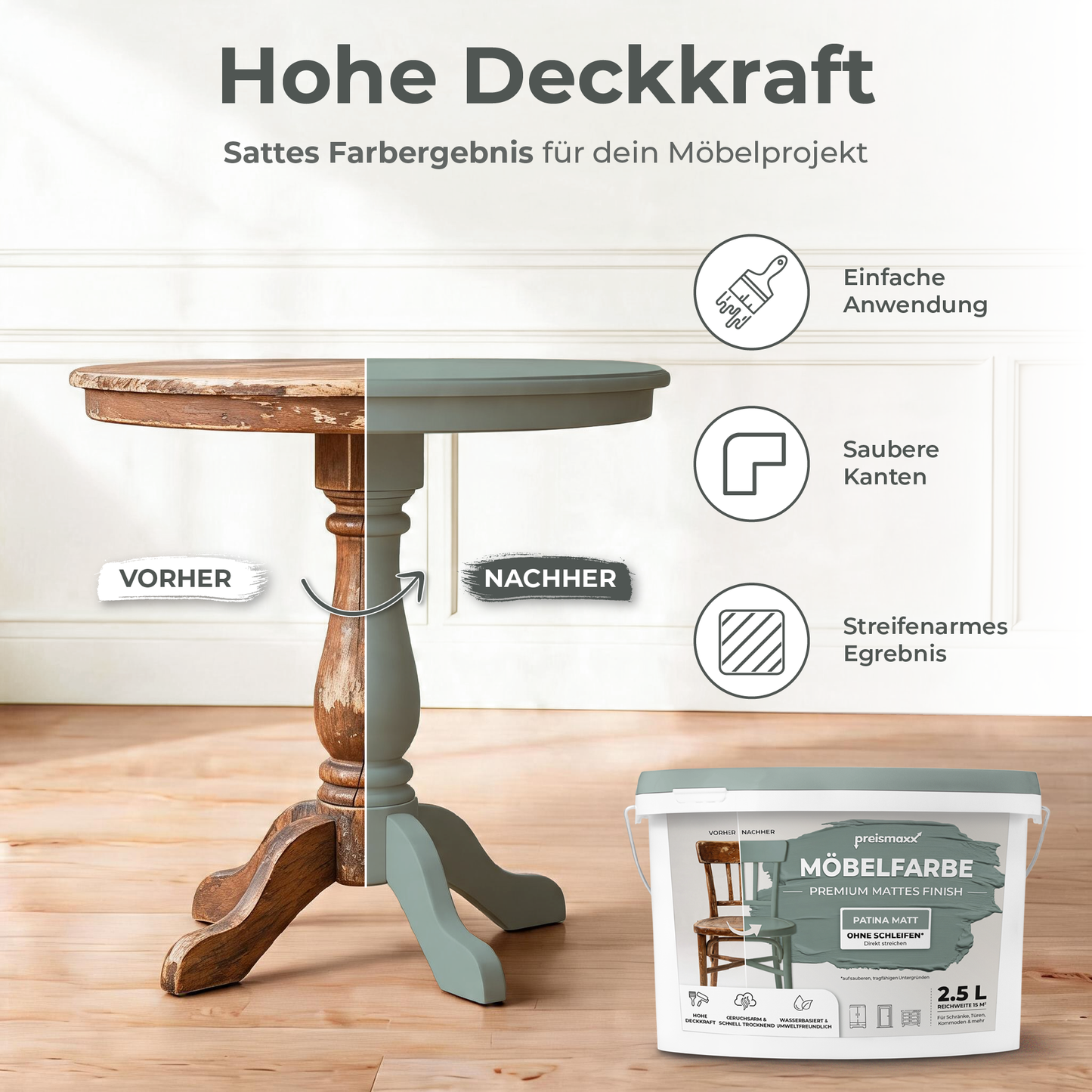 Preismaxx Möbelfarbe Patina 2,5 L – Holzfarbe für Innen – Ohne Schleifen, Hochdeckend & Wasserbasiert – Für Möbel, Türen & Küchen – Umweltfreundlich & Geruchsarm