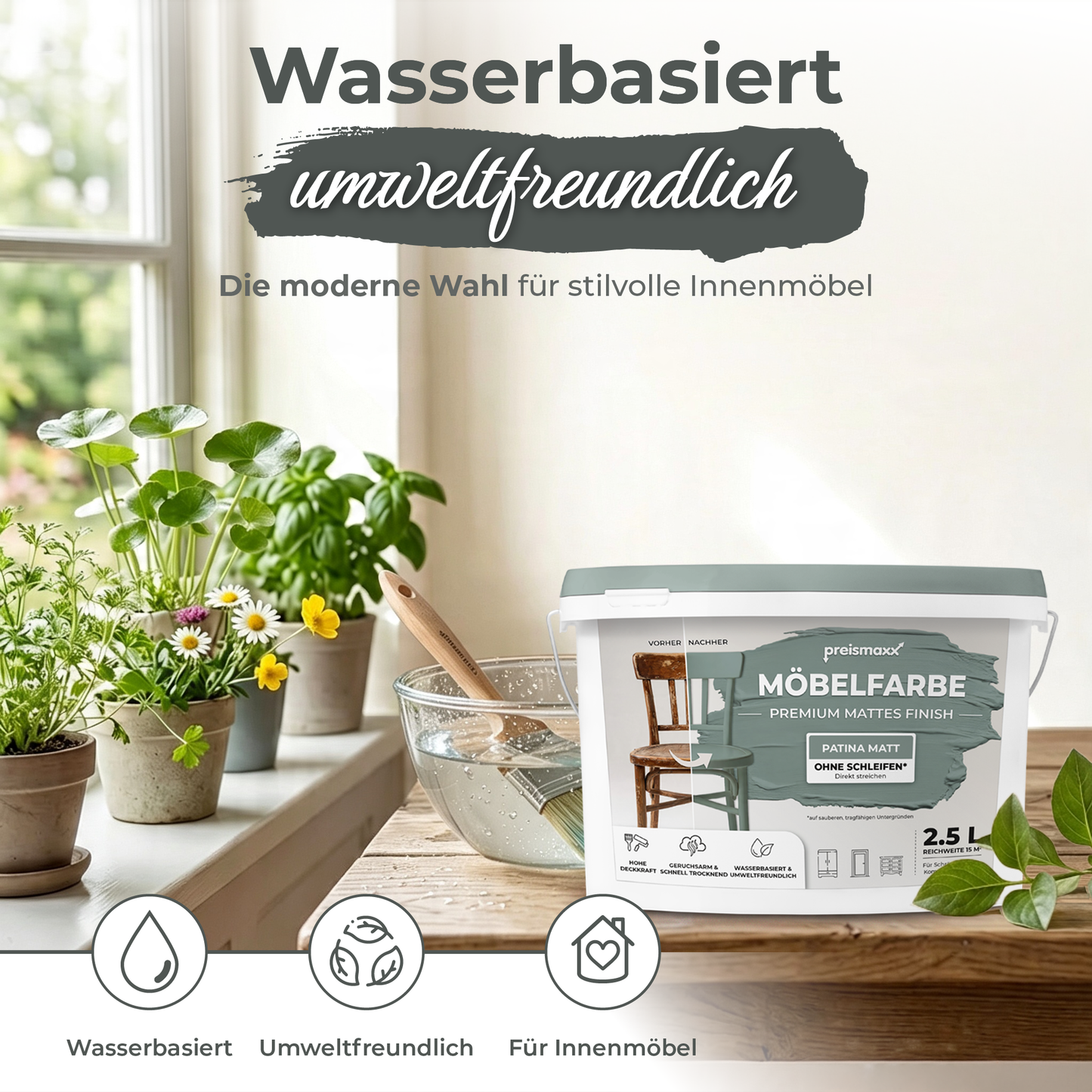Preismaxx Möbelfarbe Patina 2,5 L – Holzfarbe für Innen – Ohne Schleifen, Hochdeckend & Wasserbasiert – Für Möbel, Türen & Küchen – Umweltfreundlich & Geruchsarm