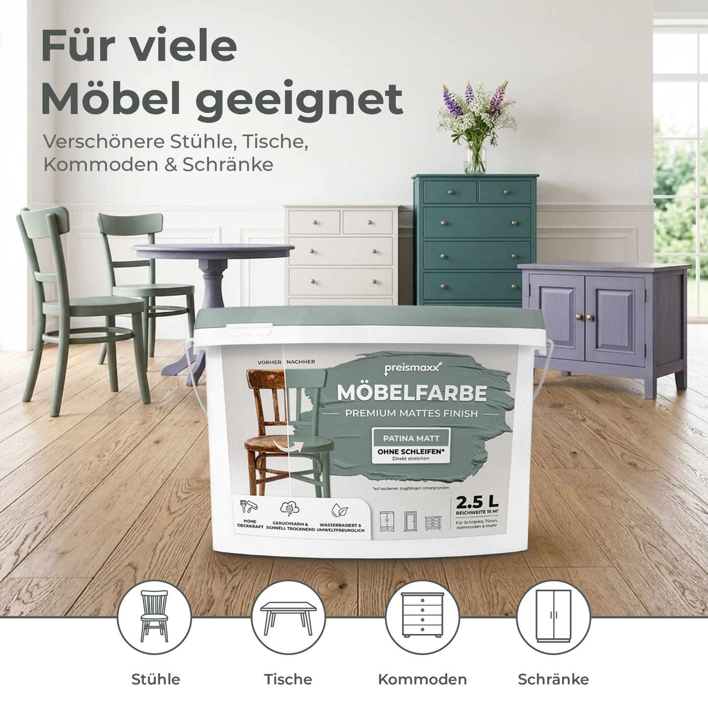 Preismaxx Möbelfarbe Patina 2,5 L – Holzfarbe für Innen – Ohne Schleifen, Hochdeckend & Wasserbasiert – Für Möbel, Türen & Küchen – Umweltfreundlich & Geruchsarm