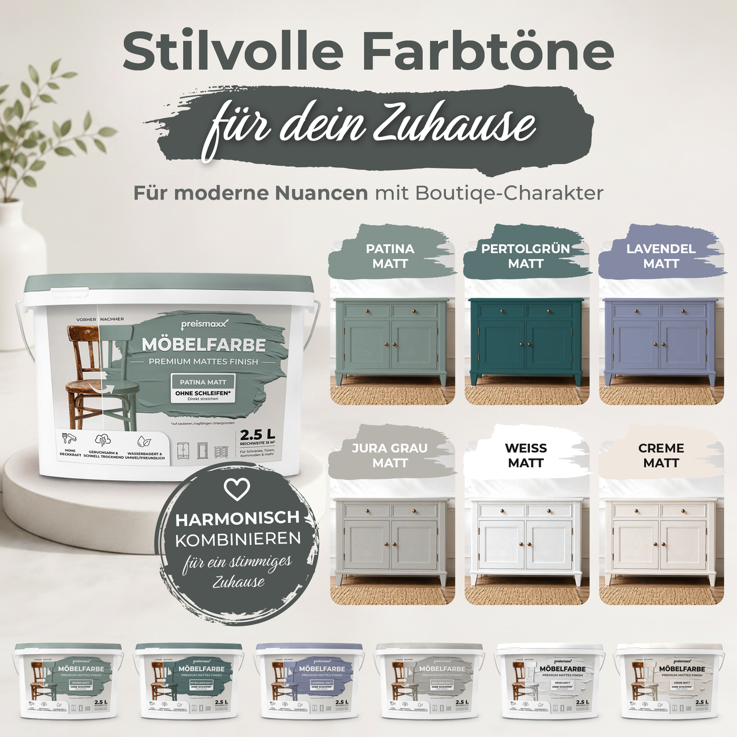 Preismaxx Möbelfarbe Patina 2,5 L – Holzfarbe für Innen – Ohne Schleifen, Hochdeckend & Wasserbasiert – Für Möbel, Türen & Küchen – Umweltfreundlich & Geruchsarm