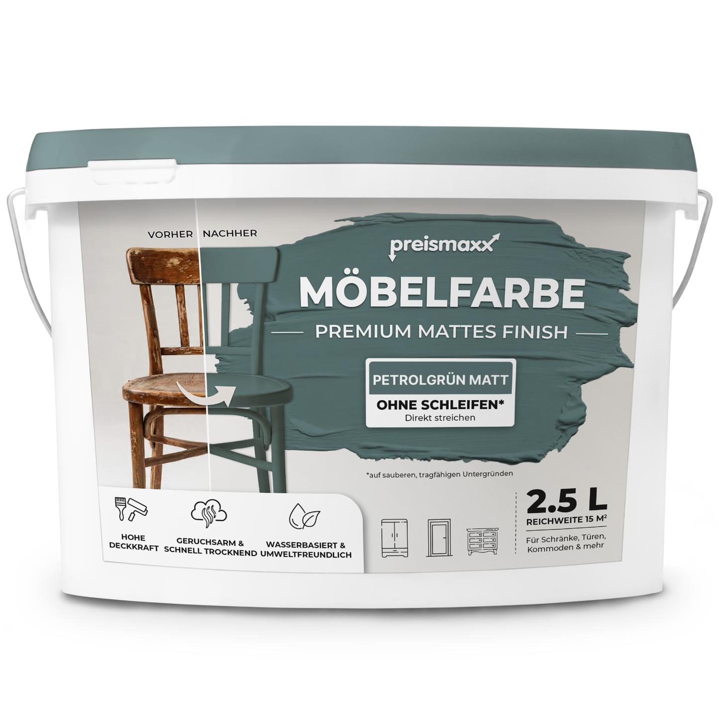 Preismaxx Möbelfarbe Petrolgrün 2,5 L – Holzfarbe für Innen – Ohne Schleifen, Hochdeckend & Wasserbasiert – Für Möbel, Türen & Küchen – Umweltfreundlich & Geruchsarm (Kopie) (Kopie)