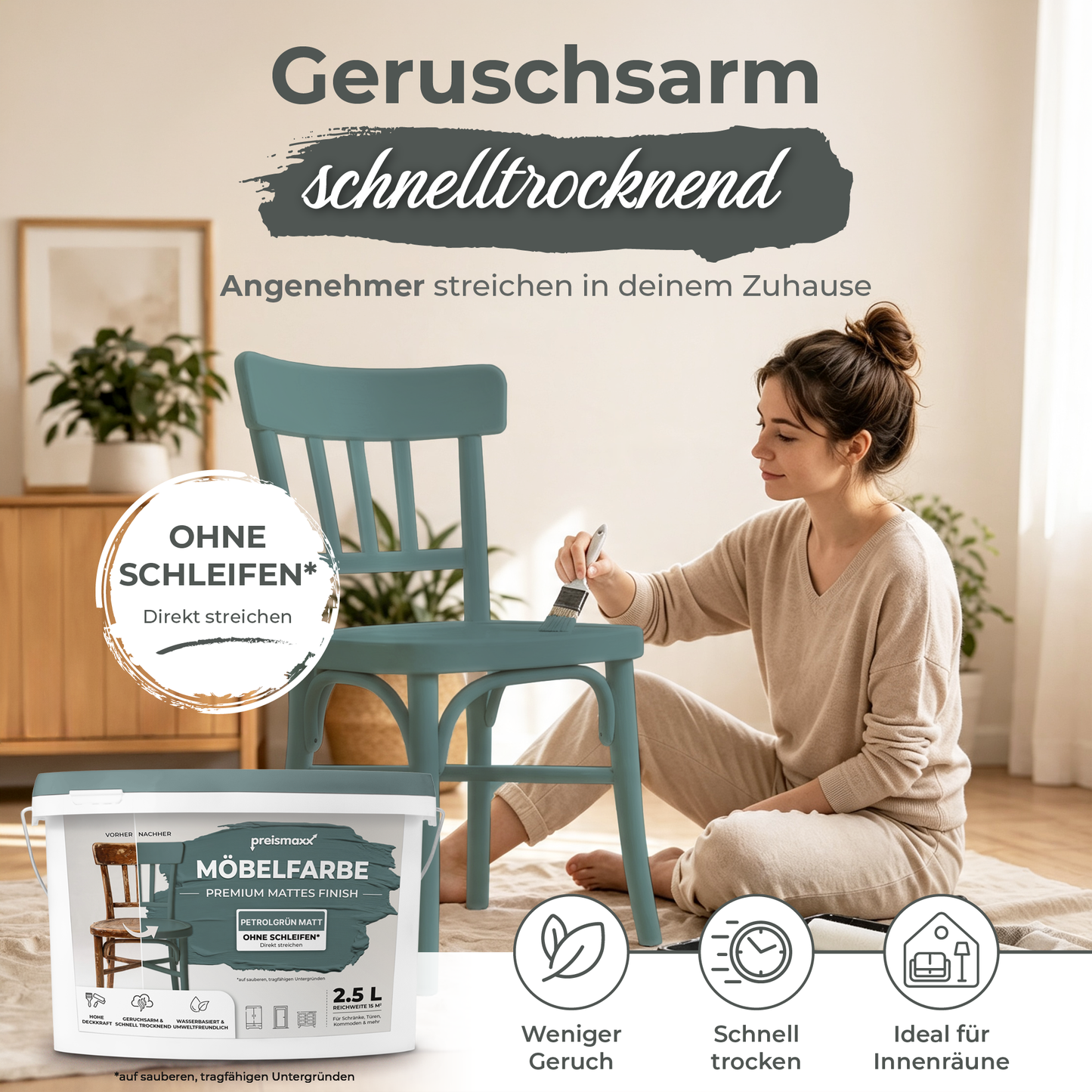Preismaxx Möbelfarbe Petrolgrün 2,5 L – Holzfarbe für Innen – Ohne Schleifen, Hochdeckend & Wasserbasiert – Für Möbel, Türen & Küchen – Umweltfreundlich & Geruchsarm (Kopie) (Kopie)