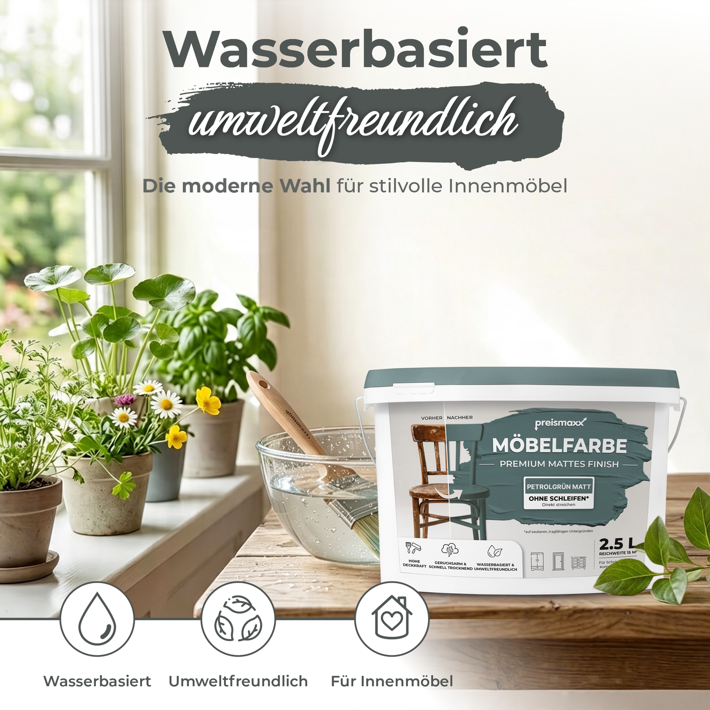 Preismaxx Möbelfarbe Petrolgrün 2,5 L – Holzfarbe für Innen – Ohne Schleifen, Hochdeckend & Wasserbasiert – Für Möbel, Türen & Küchen – Umweltfreundlich & Geruchsarm (Kopie) (Kopie)