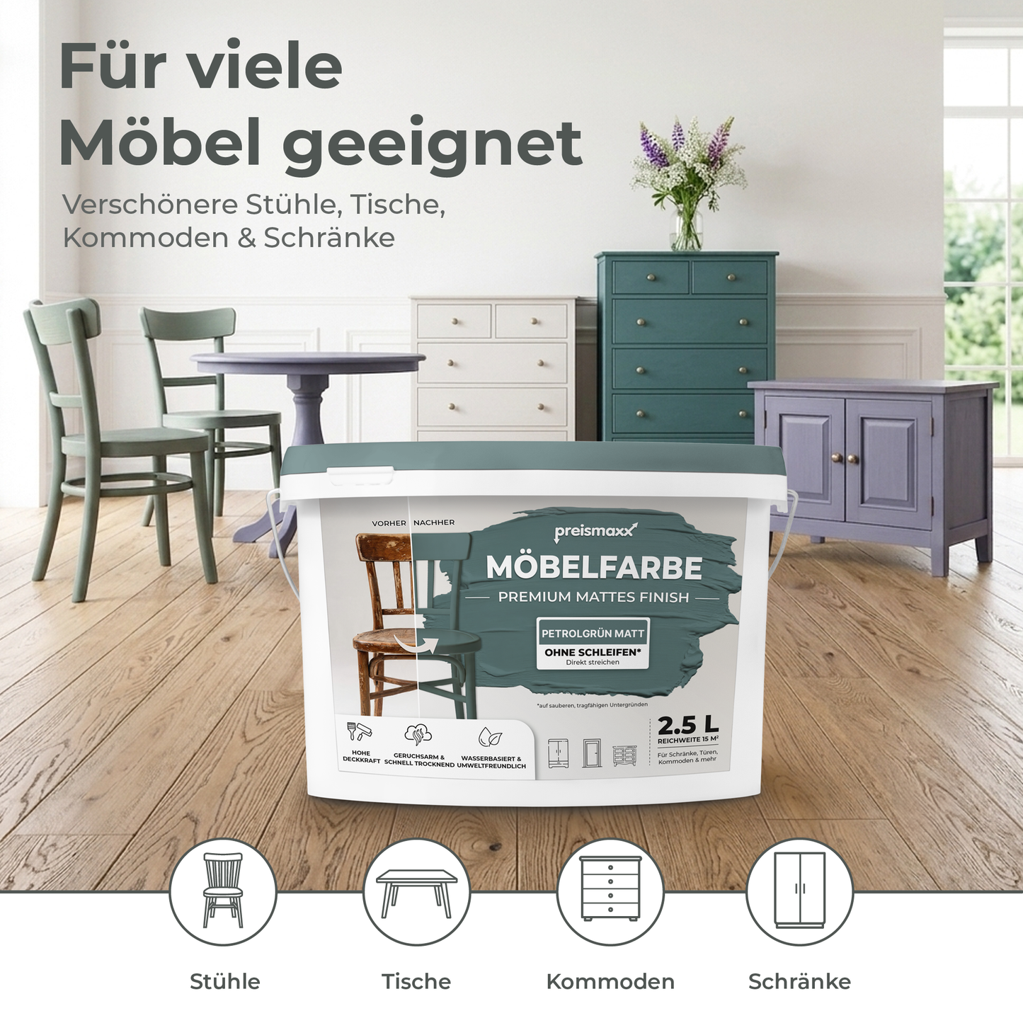 Preismaxx Möbelfarbe Petrolgrün 2,5 L – Holzfarbe für Innen – Ohne Schleifen, Hochdeckend & Wasserbasiert – Für Möbel, Türen & Küchen – Umweltfreundlich & Geruchsarm (Kopie) (Kopie)