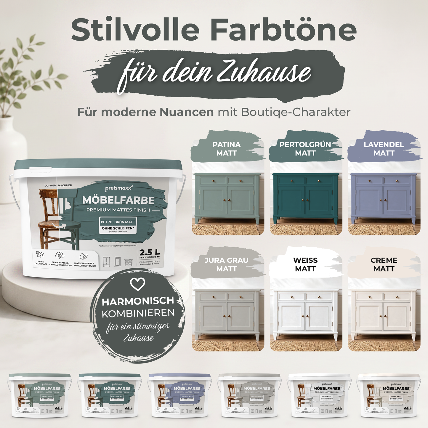 Preismaxx Möbelfarbe Petrolgrün 2,5 L – Holzfarbe für Innen – Ohne Schleifen, Hochdeckend & Wasserbasiert – Für Möbel, Türen & Küchen – Umweltfreundlich & Geruchsarm (Kopie) (Kopie)