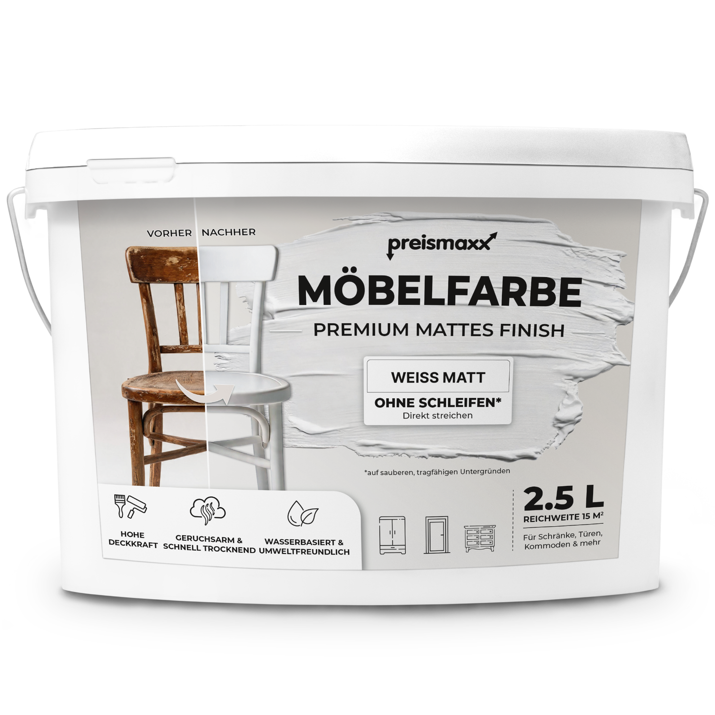 Preismaxx Möbelfarbe Weiss 2,5 L – Holzfarbe für Innen – Ohne Schleifen, Hochdeckend & Wasserbasiert – Für Möbel, Türen & Küchen – Umweltfreundlich & Geruchsarm
