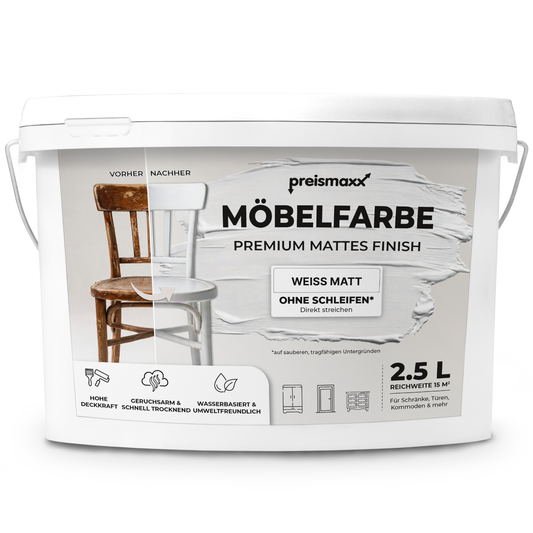 Preismaxx Möbelfarbe Weiss 2,5 L – Holzfarbe für Innen – Ohne Schleifen, Hochdeckend & Wasserbasiert – Für Möbel, Türen & Küchen – Umweltfreundlich & Geruchsarm