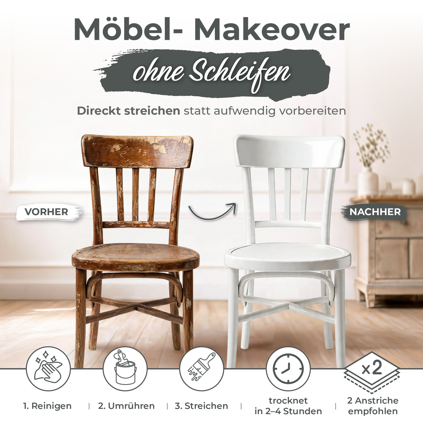 Preismaxx Möbelfarbe Weiss 2,5 L – Holzfarbe für Innen – Ohne Schleifen, Hochdeckend & Wasserbasiert – Für Möbel, Türen & Küchen – Umweltfreundlich & Geruchsarm