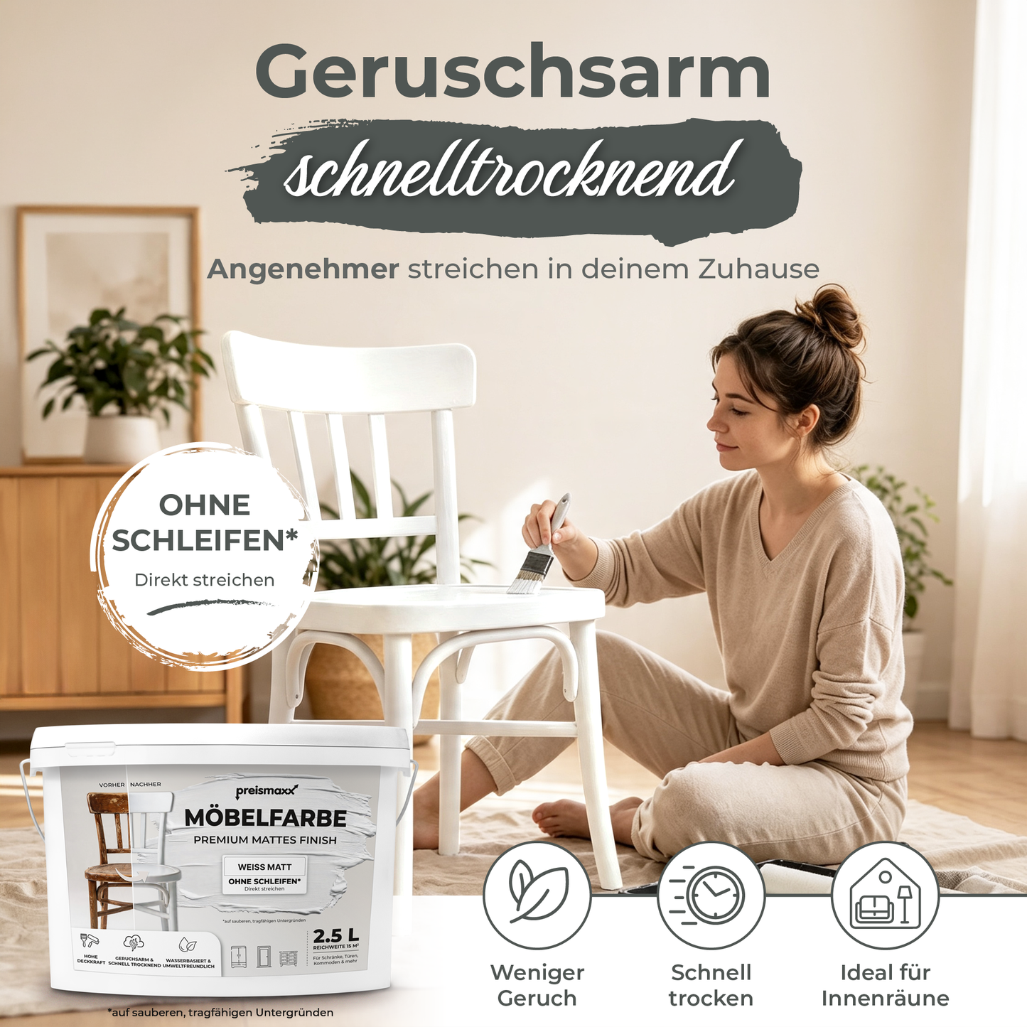 Preismaxx Möbelfarbe Weiss 2,5 L – Holzfarbe für Innen – Ohne Schleifen, Hochdeckend & Wasserbasiert – Für Möbel, Türen & Küchen – Umweltfreundlich & Geruchsarm