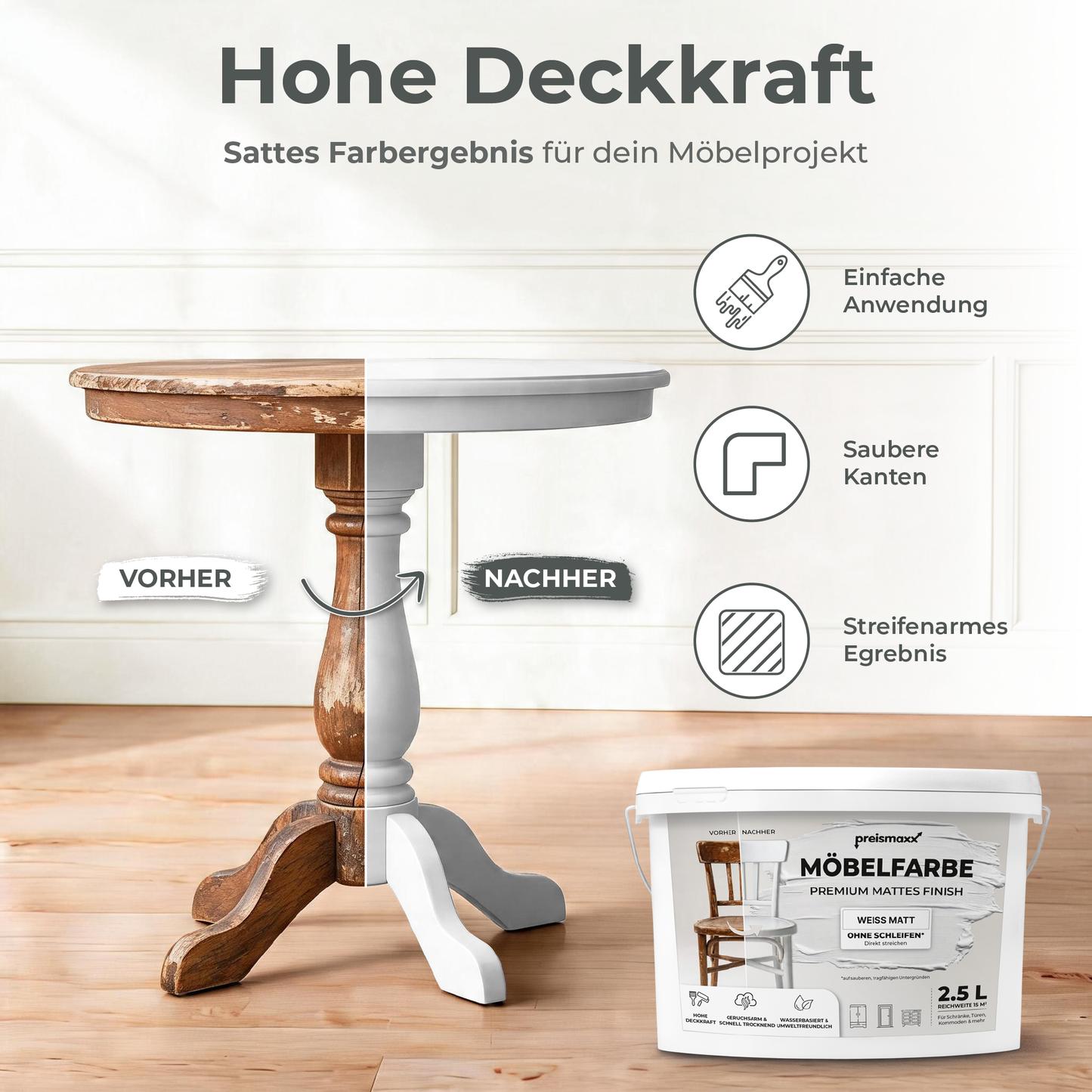 Preismaxx Möbelfarbe Weiss 2,5 L – Holzfarbe für Innen – Ohne Schleifen, Hochdeckend & Wasserbasiert – Für Möbel, Türen & Küchen – Umweltfreundlich & Geruchsarm