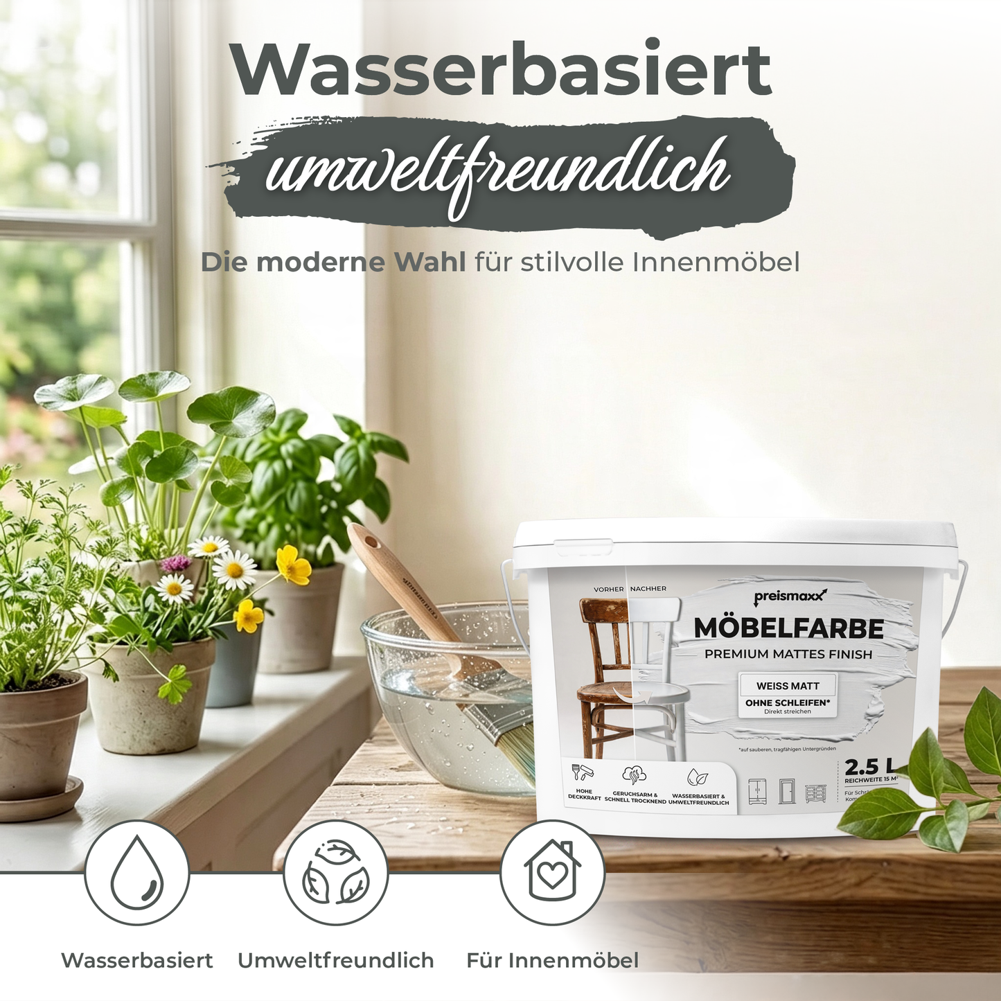Preismaxx Möbelfarbe Weiss 2,5 L – Holzfarbe für Innen – Ohne Schleifen, Hochdeckend & Wasserbasiert – Für Möbel, Türen & Küchen – Umweltfreundlich & Geruchsarm