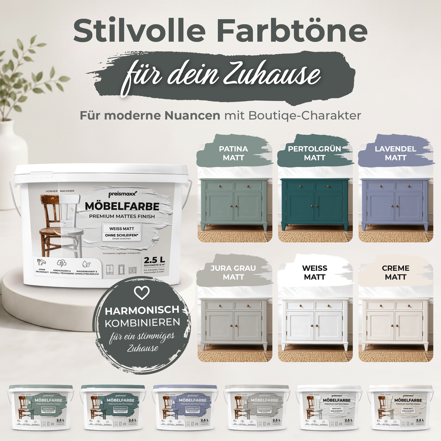 Preismaxx Möbelfarbe Weiss 2,5 L – Holzfarbe für Innen – Ohne Schleifen, Hochdeckend & Wasserbasiert – Für Möbel, Türen & Küchen – Umweltfreundlich & Geruchsarm