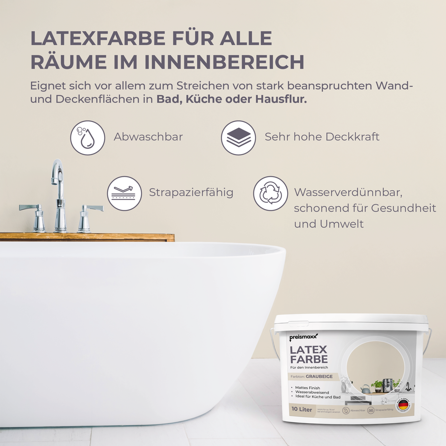 Preismaxx Latexfarbe matt Wandfarbe beige, graubeige