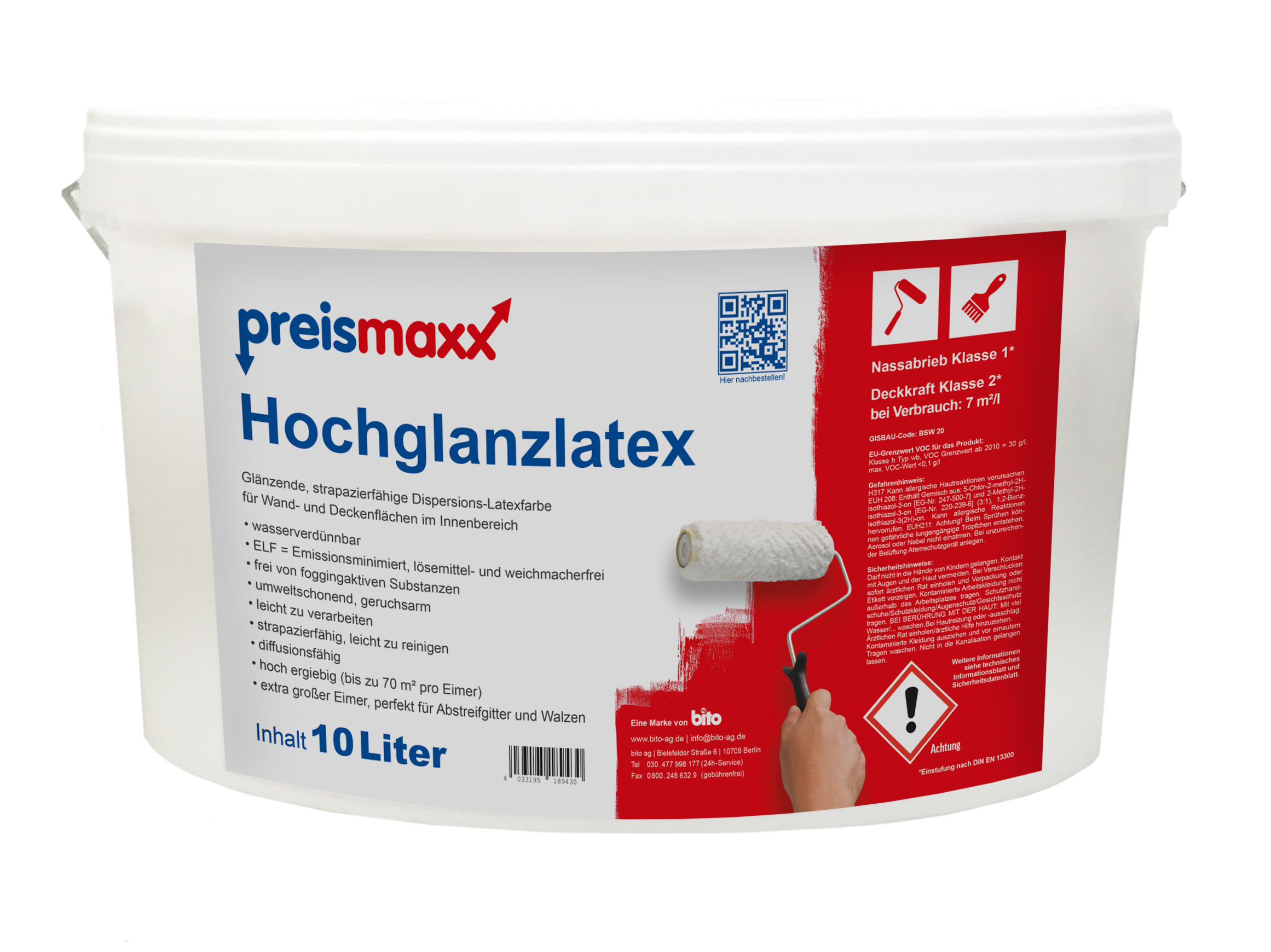preismaxx Hochglanzlatex abwischbare Latexfarbe weiß  glänzend 10L